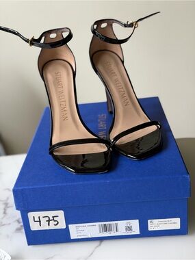 Stuart Weitzman Black Patent Open-Toe Ankle-Strap Heels